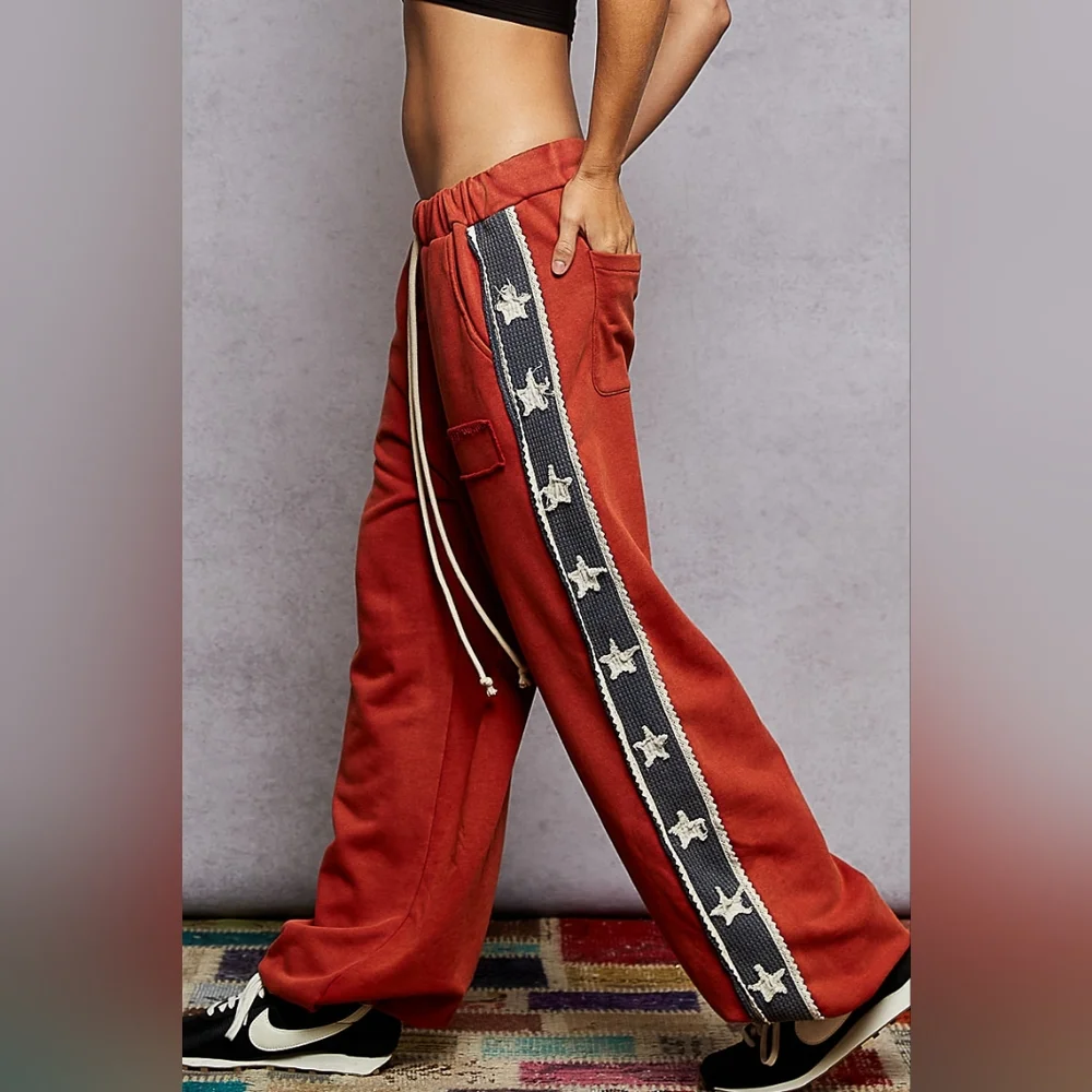 ​POL Star Patchwork Track Suit Set - Rust Red Orange Zip Jacket & Wide Leg - Picture 5 of 12